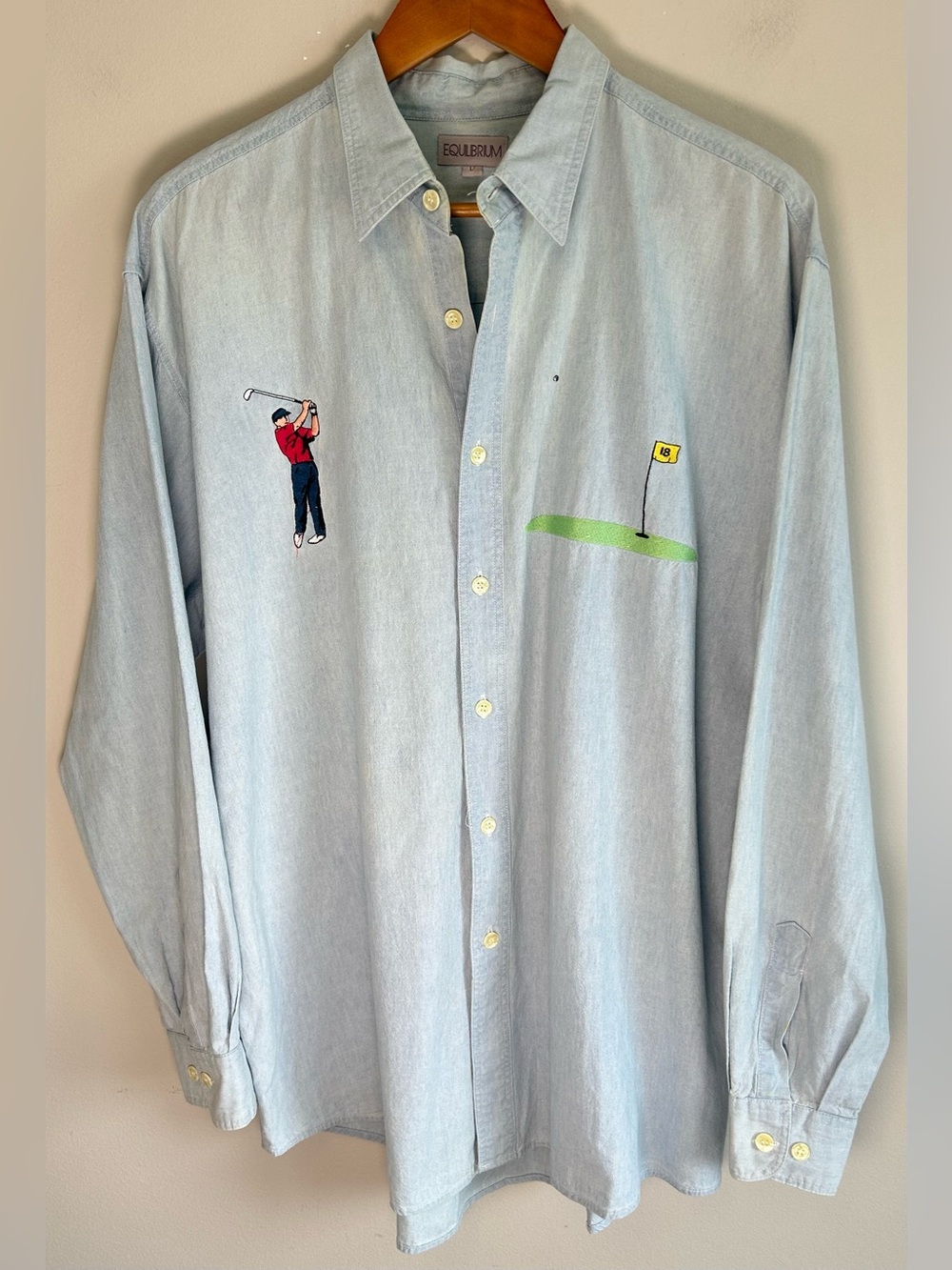 Vintage 90s Equilibrium Button Up Shirt Size L Light Wash LS Embroidered Golfer